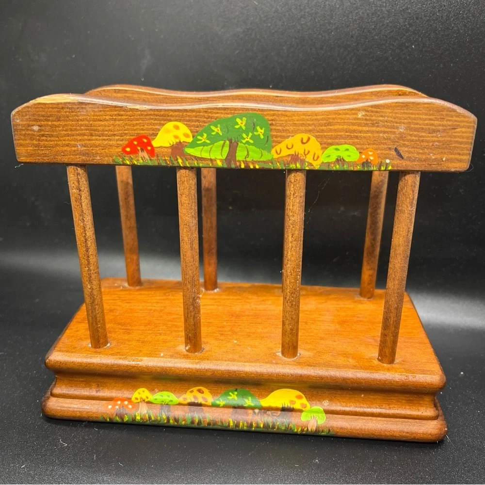 Vintage Mushroom Wood Napkin or Mail Holder Mid Century Modern MCM Dark Brown
